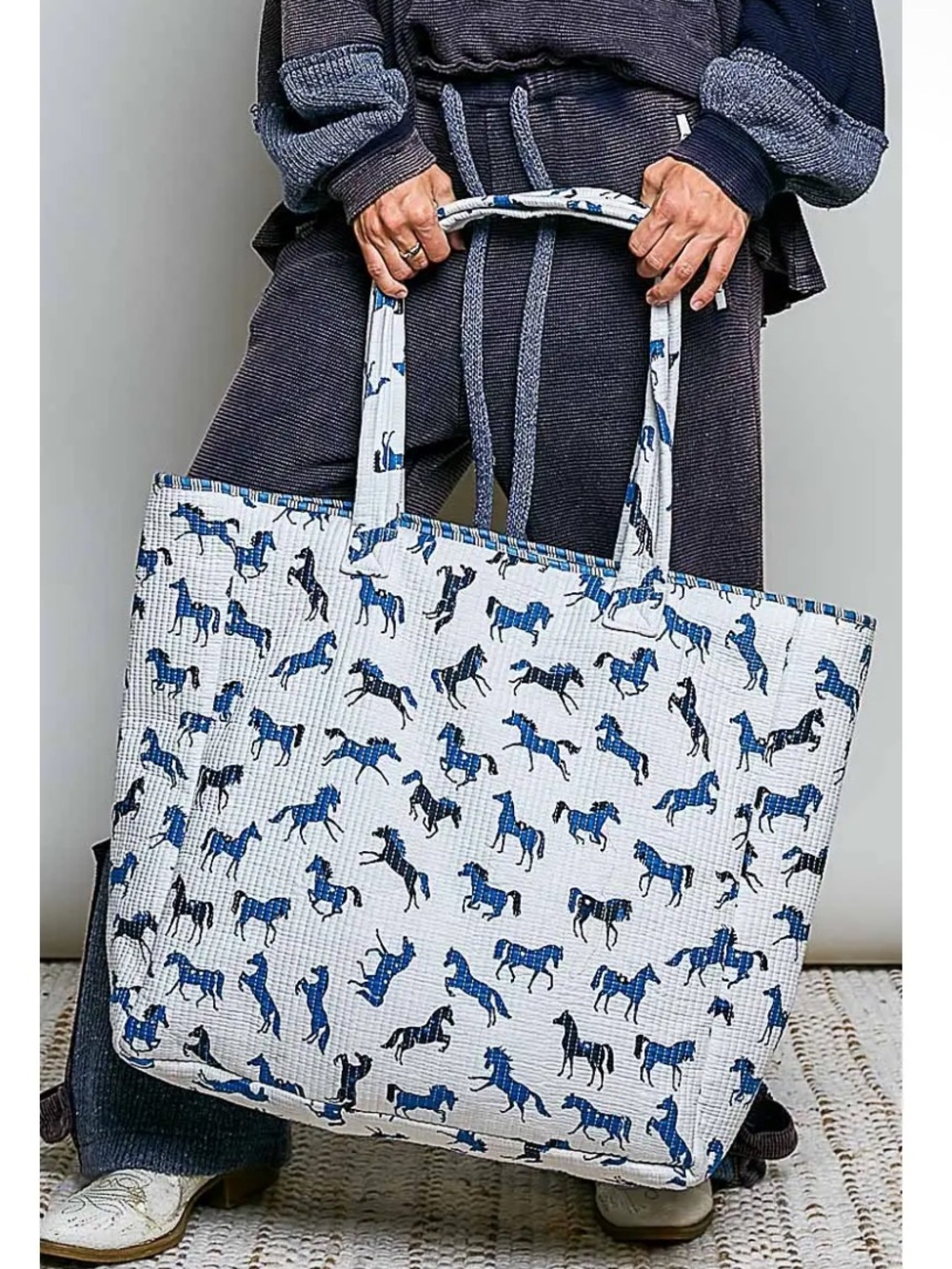 469. POL quilted textured woven printed jumbo tote bag in blue